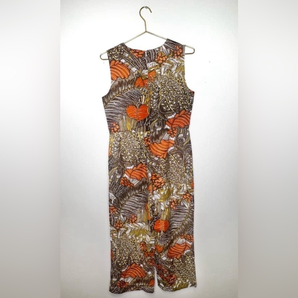 Anthropologie Jumpsuit Cotton Linen Mo:Vint Brown Orange sleeveless retro Leaf